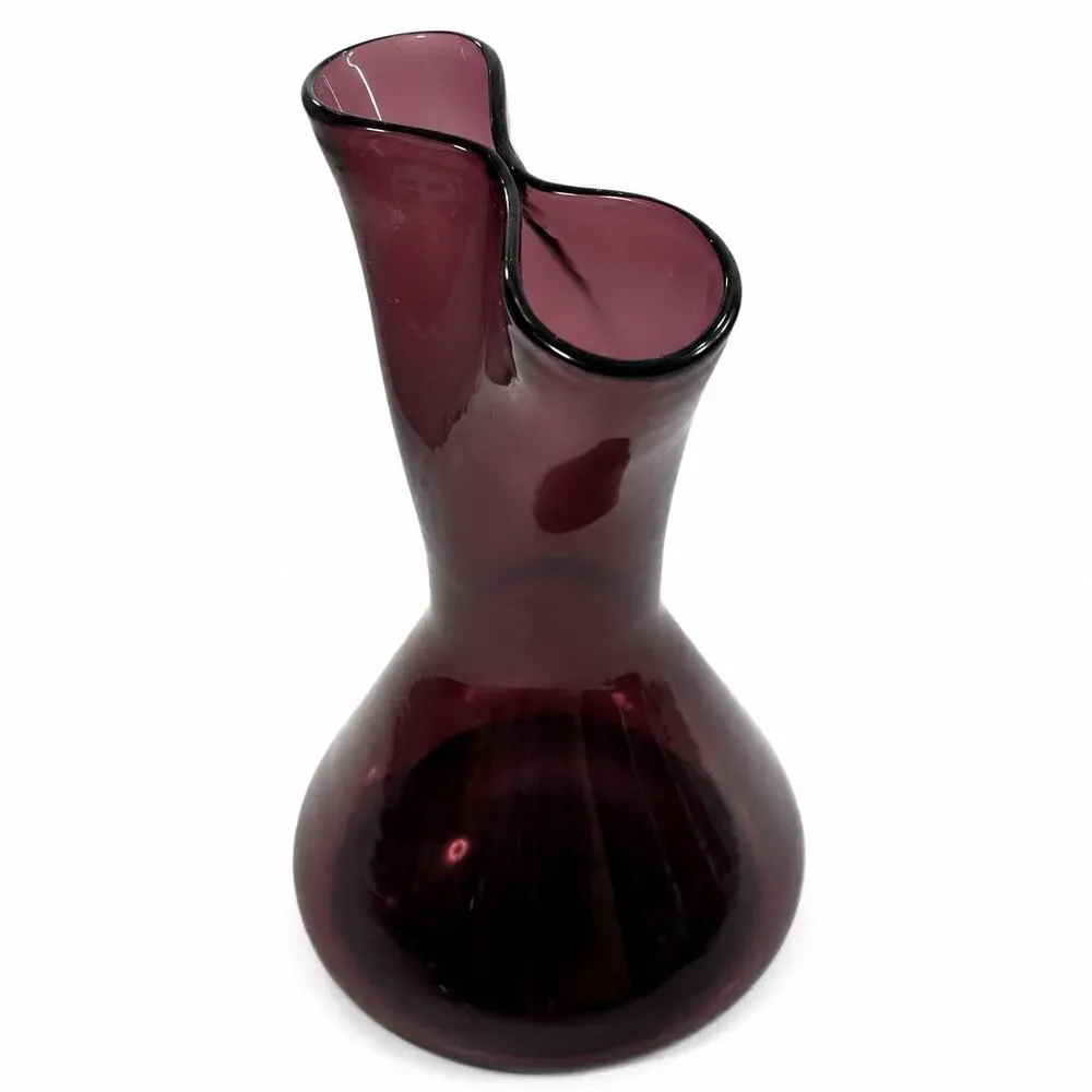 Vintage Amethyst Purple Art Glass Vase Hand Blown Folded Ruffle Rim 8 Inch Decor